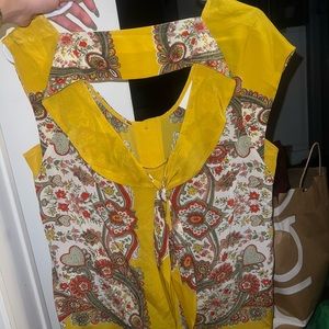 Yellow Paisley Patterned Front Tie Blouse